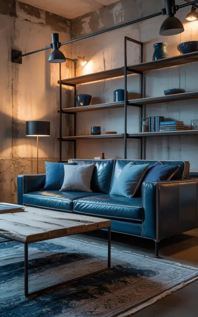 A photograph of a cozy living room embodying an industrial aesthetic with a moody atmosphere. A deep blue leather sofa dominates the space, accented by several washed denim blue cushions, and positioned facing a raw wood coffee table with sleek steel legs. Exposed concrete walls are illuminated by black metal light fixtures that cast dramatic shadows across the room, while a distressed navy and grey rug anchors the space with industrial shelves displaying blue pottery and a curated selection of books. Subtle, layered lighting creates a warm glow, reinforcing the urban and masculine feel softened by the luxurious textiles.