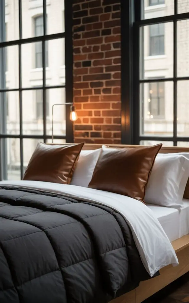 A photograph of a luxuriously cozy bed, the centerpiece of a sleek and contemporary bedroom. The bed is draped in crisp white linens, a dark charcoal comforter, and accented with two supple, dark brown leather pillows; it sits perfectly centered in the frame. Behind the bed, a wall of exposed brick adds texture, illuminated by a minimalist steel reading lamp with a warm Edison bulb, while large windows with bold black metal frames and divided panes flood the room with natural light. The overall scene evokes an urban loft vibe, balancing industrial elements with soft, inviting textures.