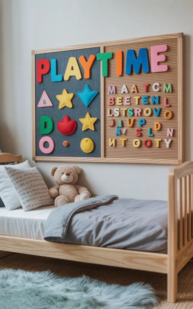 A photograph of a brightly lit toddler's bedroom showcasing a playful and interactive wall arrangement. The wall features a large felt board displaying colorful felt shapes and letters spelling out "PLAYTIME" alongside a textured magnetic letter board with various letters scattered across it. Beneath the wall, a cozy toddler bed is neatly made with soft gray linens, a plush teddy bear, and a patterned throw pillow. A soft, light blue rug covers the floor, creating a warm and inviting space encouraging exploration and imaginative play.