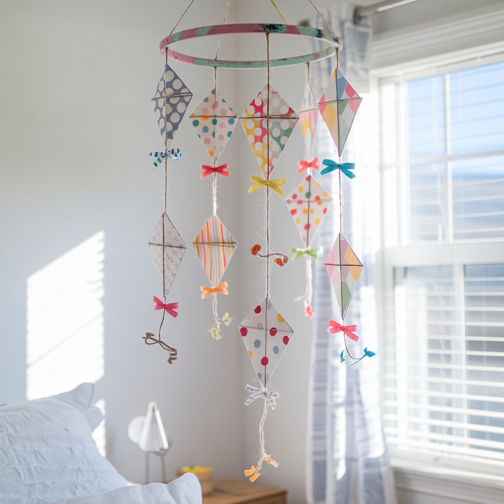 A bright and airy bedroom with a mobile of miniature kites suspended from the ceiling. The kites are made of scrapbook paper in playful summer patterns, such as polka dots, florals, and rainbow stripes. They are attached to twine and have bows made of curling ribbon. The mobile hangs from a painted embroidery hoop. Sunlight streams in through a nearby window, causing the kites to dance as if they're flying through a clear sky.