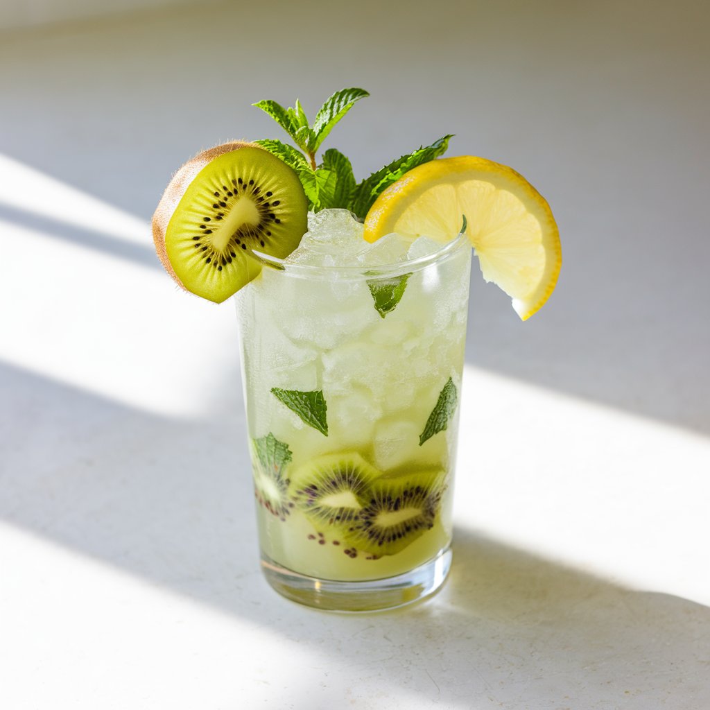 A clear tall glass showcases a light green summer cocktail filled with crushed ice, muddled kiwi seeds, and torn mint leaves. A peeled slice of kiwi with its skin on sits playfully on the rim, a slice of lemon wedge, while a small sprig of mint peeks over the top. The drink is placed on a bright plain white kitchen countertop bathed in natural light, which filters in to highlight the textures inside the glass.