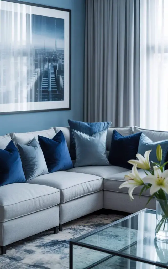 A photograph of a spacious blue and grey living room centered around a large, comfortable L-shaped grey sectional sofa. The sectional hugs two walls, adorned with a collection of plush blue and navy throw pillows arranged artfully along its back, inviting relaxation and conversation. Behind the sofa, a large framed photograph featuring a monochrome blue cityscape adds a touch of sophistication, while a soft, diffused light filters through sheer curtains, highlighting the room's open yet intimate atmosphere. A modern glass coffee table with a vase of white lilies sits in the foreground, completing the serene and inviting ambiance.