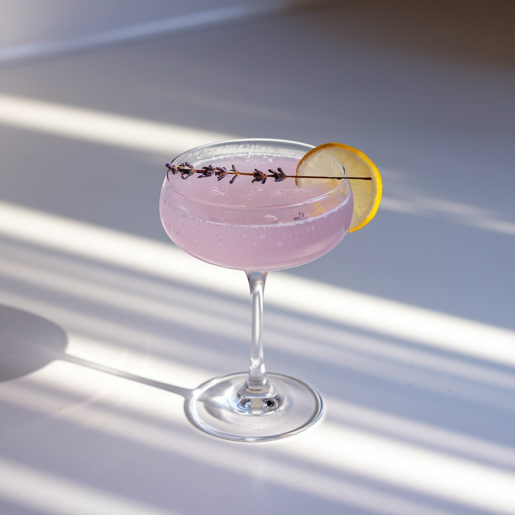 A photo of a sleek, stemmed glass holding a pale lavender-hued summer cocktail with a gentle fizz. The cocktail is garnished with tiny dried lavender buds and a thin lemon wheel perched on the rim. The glass is placed on a bright plain white kitchen countertop bathed in soft natural light, which casts delicate highlights across the glass.