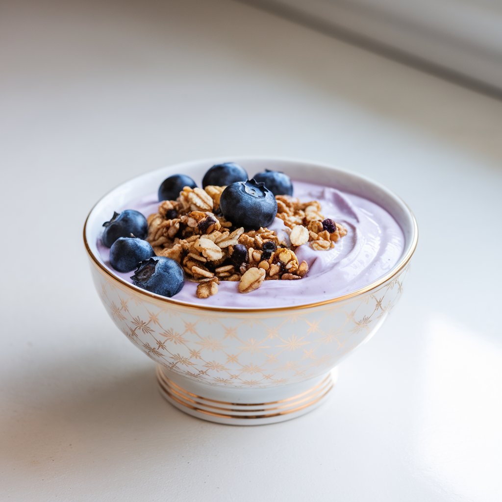 A photo of a yogurt bowl in an elegant white ceramic bowl with light purple vanilla yogurt infused with blueberries and granola. The yogurt bowl is placed on a bright plain white kitchen countertop, gently illuminated by natural light that brings out the subtle purple and gold tones.