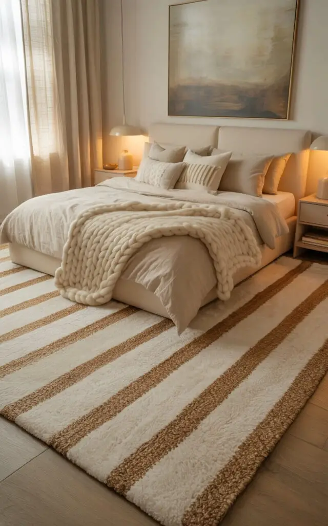 A photograph of a cozy beige bedroom featuring a plush area rug in cream and tan tones that dominates the room. A king-sized bed is centered on the rug, adorned with light oatmeal bedding, a chunky knit throw blanket in ivory, and several decorative pillows with subtle geometric patterns. Two minimalist nightstands flank the bed, each topped with a delicate pendant lamp casting a warm glow, while a large abstract painting with muted earthy tones hangs above the headboard, completing the serene and inviting atmosphere. Soft morning light filters through sheer linen curtains, creating a gentle and peaceful ambiance.