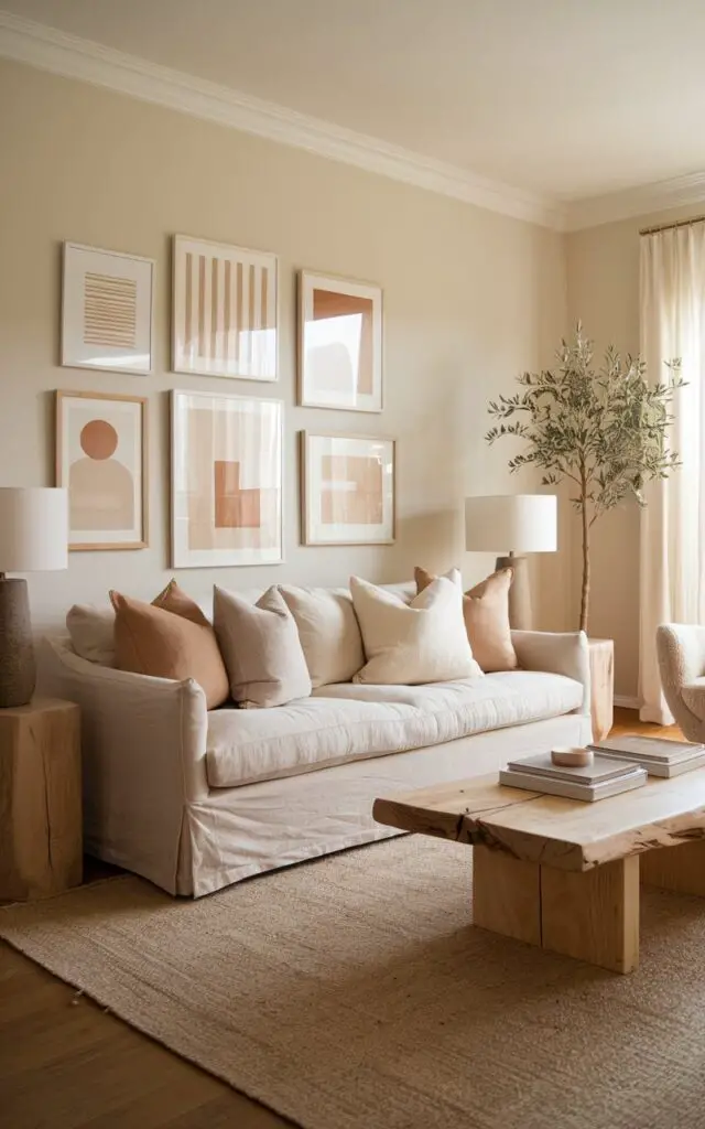 A beige living room bathed in natural light, showcasing a masterful layering of warm neutrals. The walls are painted a soft ivory-beige, subtly contrasting with a deeper taupe area rug that grounds the space. A very cozy sofa upholstered in creamy beige linen anchors the room, adorned with cushions in varied tones—pale sand, muted camel, and light almond. Behind the sofa, a gallery wall of minimalist art in beige and white hues adds refined interest. Light oak side tables and a driftwood coffee table add depth with natural texture. A potted olive tree in the corner brings a pop of subdued greenery.