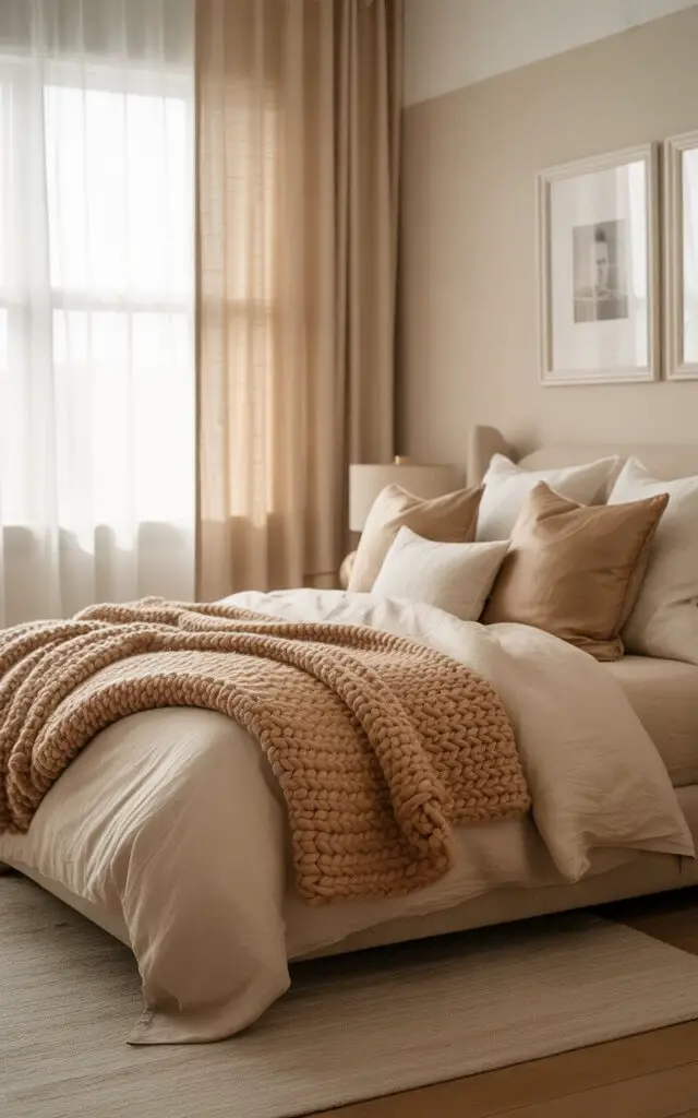 A photograph of a luxuriously styled beige bedroom, focusing on a plush bed layered with inviting textures. The bed is dressed in crisp white linen sheets, a chunky knit tan throw blanket, and an abundance of pillows in varying shades of white and tan, creating a sense of cozy indulgence. Sheer linen panels and heavier beige drapes frame the window, allowing soft daylight to filter in, while a neutral area rug anchors the space and framed monochrome prints adorn the walls. Gentle, diffused lighting creates a serene and comfortable atmosphere, highlighting the room’s textural richness.