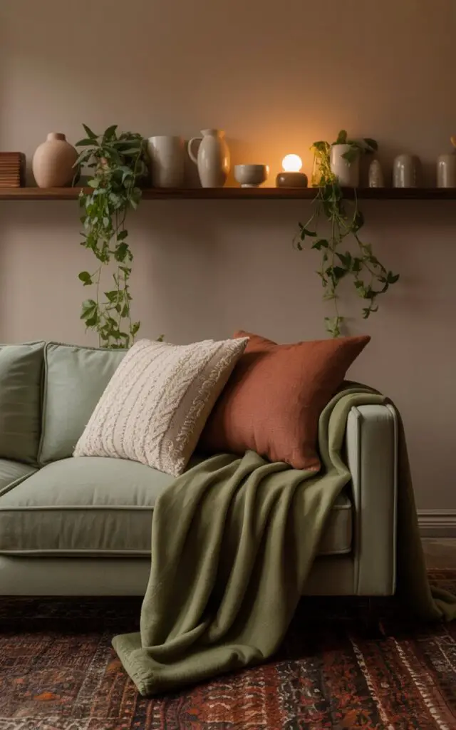 A photograph of a cozy living room interior centered around a plush sage green sofa draped with a moss green throw blanket. The sofa sits in front of a soft taupe wall, adorned with a collection of patterned throw pillows in cream and terracotta tones, while a rich chocolate-brown rug grounds the space beneath. An open wood shelf in the background displays a curated selection of neutral-toned ceramics and trailing leafy greenery, illuminated by the warm, diffused glow of a small table lamp. The scene exudes a feeling of comforting warmth and inviting depth, with subtle shadows highlighting the layered textures.
