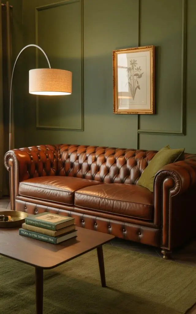 A photograph showcasing a rich brown leather Chesterfield sofa as the centerpiece of a warmly lit living room. The sofa's worn leather is creased and slightly scuffed, inviting a sense of comfortable age, and sits atop a deep olive area rug that extends towards a walnut coffee table displaying a stack of botanical books titled "Flora of the Victorian Era." Behind the sofa, muted forest green walls are adorned with a single gold-framed vintage botanical illustration, while a soft glow emanates from an arched floor lamp with a linen shade, creating an ambiance of old-world charm and modern coziness. The room subtly suggests a quiet afternoon dedicated to reading and relaxation.
