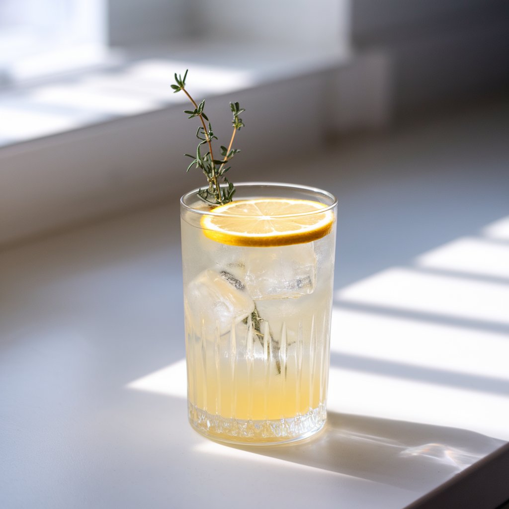 A photo of a tall Collins glass holding a crystal-clear, pale yellow summer cocktail. The glass is filled with large ice cubes and contains a cocktail with a bright yellow hue. A thin lemon wheel floats on top of the cocktail, and a thyme sprig stands upright in the glass, adding a rustic herbal accent. The glass is placed on a bright plain white kitchen countertop, gently lit by soft natural light streaming in from the side.