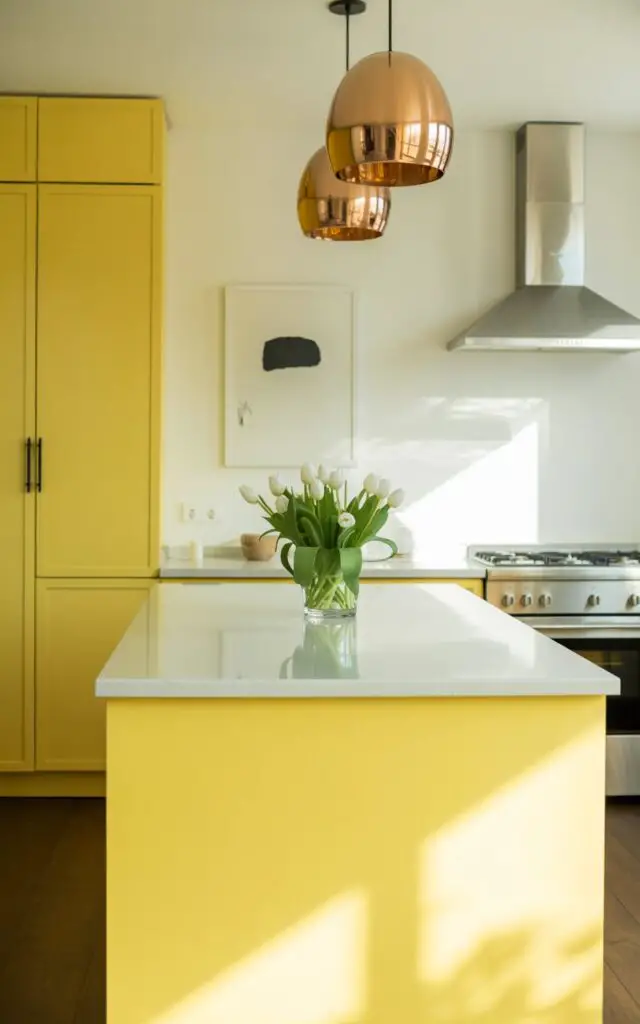 A photograph of a pristine lemon yellow kitchen, centered around a sleek kitchen island. The island's smooth lemon-yellow surface is impeccably clean, illuminated by two warm brass pendant lights reflecting softly on the white quartz countertop and accented with a vase of fresh white tulips. To the left, minimalist black hardware adorns the lemon yellow cabinetry, while a stainless-steel range hood sits poised above a gleaming gas stove; the entire scene bathed in the gentle, diffused light filtering through an unseen window. A simple, modern black and white abstract painting hangs on the wall behind the island, adding a touch of understated elegance to the kitchen's curated aesthetic.