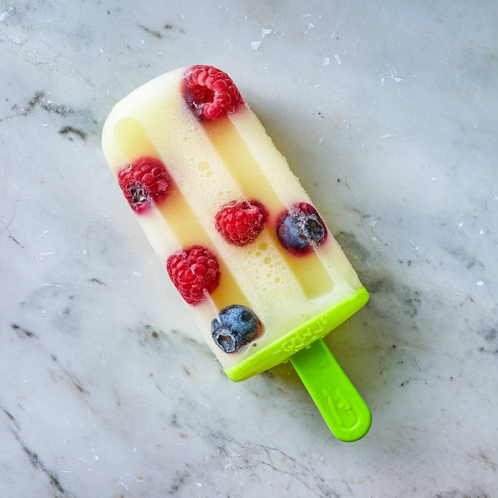 A lemonade popsicle on a marbled surface. The popsicle is predominantly ice cube color colorless yellowish like lemonade with visible red berries and blue raspberries embedded within. It has a green stem at the bottom and a green handle on the top. The background is a light gray with subtle white speckles, giving it a textured appearance.