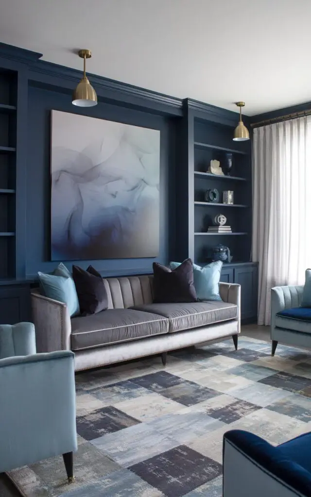 A photo of a living room with a blue and grey color scheme. There is a silver-grey velvet sofa across from deep navy built-in shelves. Charcoal and ice-blue pillows add dimension to the room. An area rug with a patchwork of light and dark greys is placed on the floor. Above the sofa, a large canvas with blended smoke and blue hues is hung. Brass accents and sheer white curtains are scattered throughout the space.