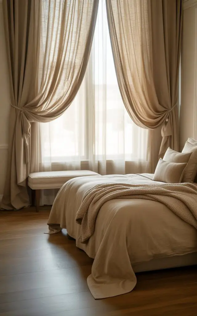 A photograph of a luxuriously appointed beige bedroom in a five-star hotel, centered around a plush, inviting bed. The bed is draped in crisp off-white linen sheets, a cozy woven beige blanket, and several plush pillows, creating a haven of tranquility. Light-filtering linen curtains in a delicate taupe hue cascade gently from a large window, pooling softly on the polished hardwood floor, while an upholstered bench sits neatly beneath the window. Soft, diffused natural light streams through the curtains, casting a warm and peaceful ambiance throughout the room, subtly highlighting the "serenity and comfort".