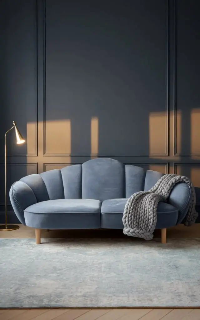 A sophisticated blue and grey living room with stormy grey walls. At the heart of the room is a blue cloud cozy sofa in a soft, cloud-blue fabric. The furniture is minimal and modern, with light oak legs on the sofa adding warmth. A chunky knit throw in a complementary grey hue is casually draped over the armrest. Soft lighting from a sleek floor lamp creates golden pools of light, enhancing the contrast between the moody walls and the light furnishings. A pale blue area rug anchors the room and ties together the serene palette.