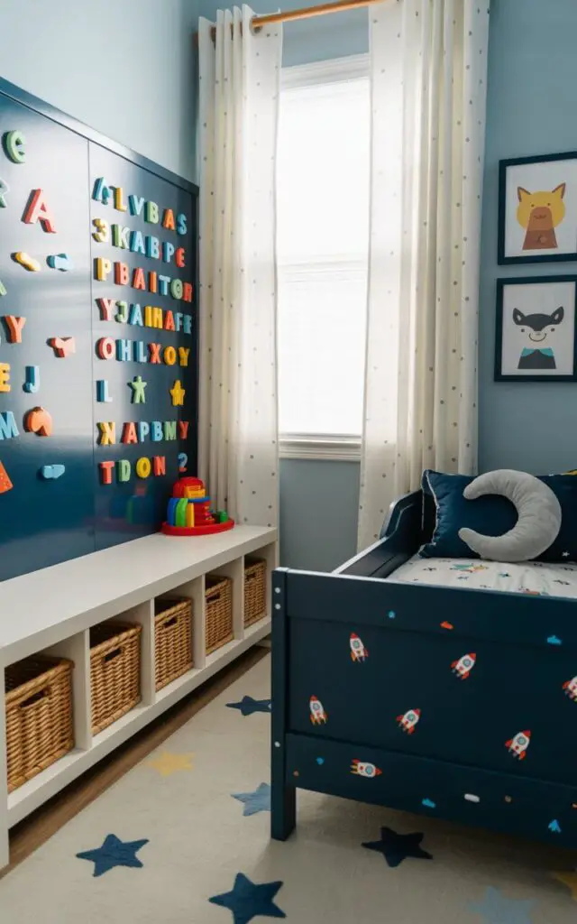 A photograph of a cozy toddler boy's bedroom highlighting a sleek, dark gray magnetic wall decorated with colorful alphabet magnets and geometric shapes. The wall acts as a vibrant backdrop for interactive play and early learning, positioned above a low white storage bench with neatly arranged toy bins. Soft natural light streams through white blackout curtains with subtle gray polka dots, illuminating the navy blue toddler bed in the corner featuring tiny rocket ship motifs and a plush moon-shaped pillow. Light blue walls, a star-patterned area rug, and framed cartoon animal prints complete the warm and inviting scene.