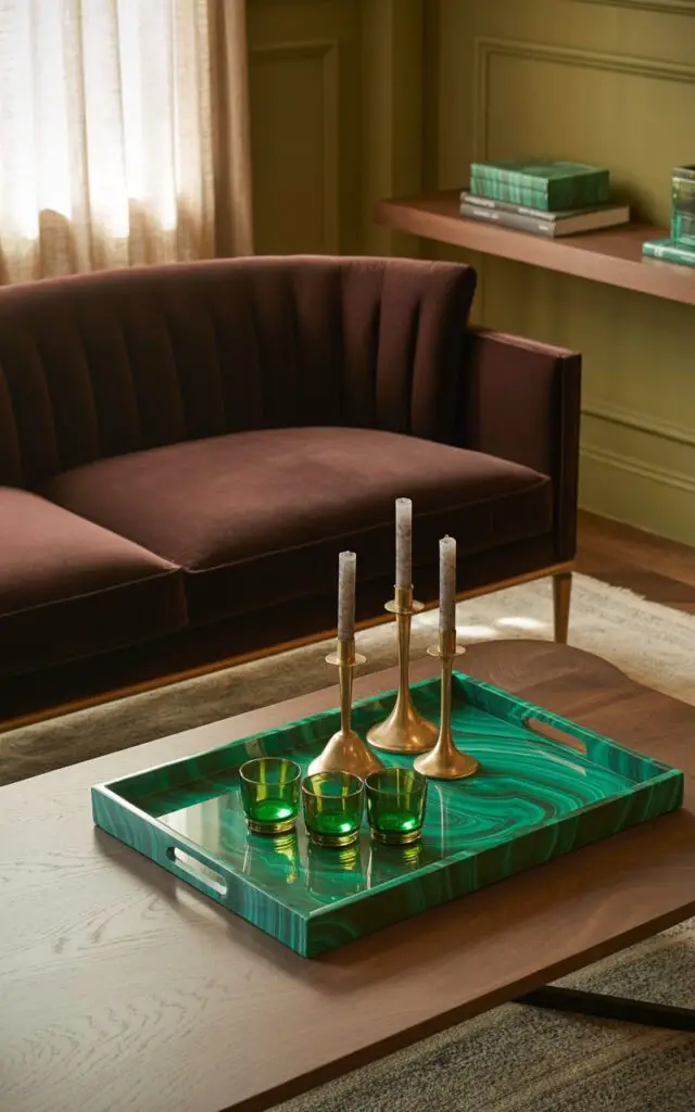 A photograph of a luxuriously appointed living room featuring a deep chocolate velvet sofa as its focal point. The sofa is elegantly positioned against olive-green walls and warm wood flooring, accented by a striking malachite tray resting on a sleek walnut coffee table. The tray holds brass candleholders and green-tinted glass coasters, while a nearby floating shelf displays a stack of books topped with a malachite-patterned box. Soft, diffused natural light streams in through sheer curtains, highlighting the organic warmth and subtle sophistication of the space.
