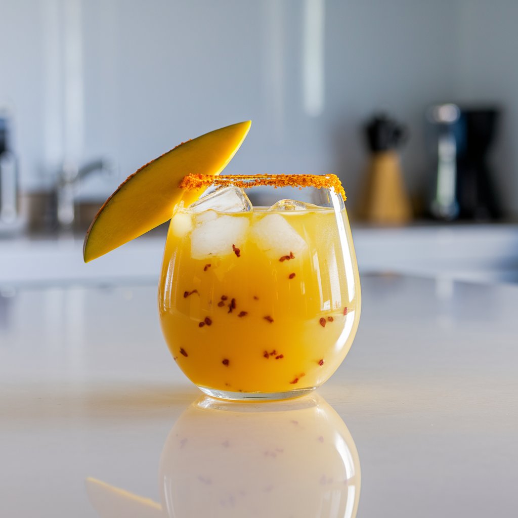 A photo of a mango cocktail in a stemless wine glass. The cocktail is a bold yellow-orange colour and contains visible chili powder flecks. The rim of the glass is tajín-spiced. Ice cubes float near the top of the cocktail. A wedge of mango dipped in chili powder leans against the rim of the glass. The cocktail is placed on a bright plain white kitchen countertop. The background contains a few other kitchen items. The photo is taken under bright natural light, creating sharp reflections.