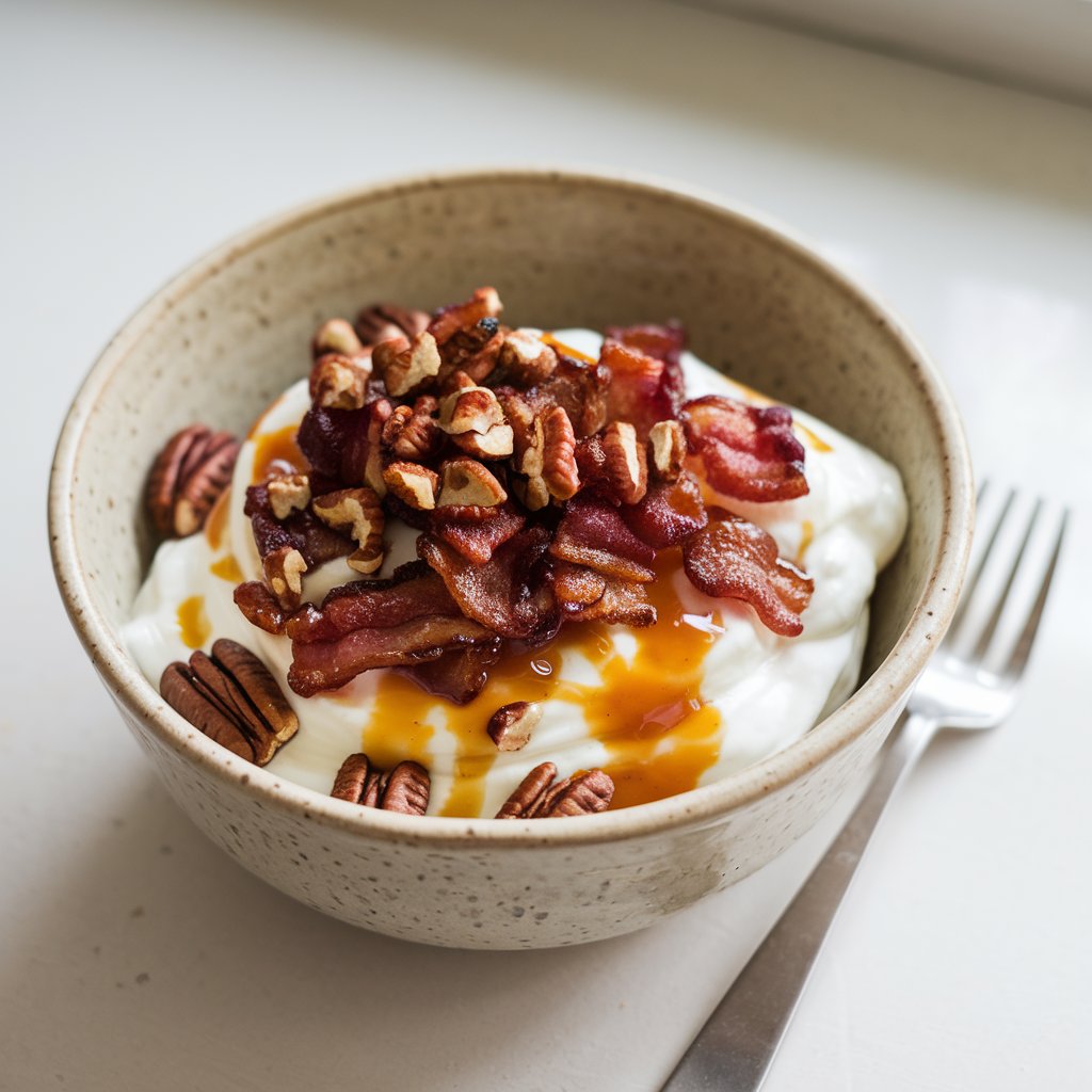 A photo of a yogurt bowl on a white kitchen countertop. The bowl is made of speckled ceramic and is wide and rustic. The yogurt bowl contains thick plain yogurt topped with crispy crumbled bacon, golden toasted pecans, and a rich maple syrup drizzle. The bacon is visibly crunchy with slight caramelization. A small fork is placed beside the bowl, adding to the hearty, breakfast-themed vibe. The photo is bathed in natural light, enhancing the gloss of the syrup and the crispness of the bacon.