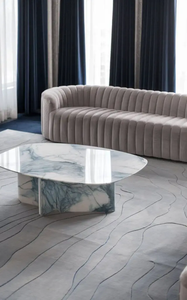 A photo of a luxurious blue and grey living room with a touch of high-end glamour. There is a plain statement marble coffee table veined with soft blue-grey ribbons. A very cozy cloud grey velvet sofa faces the marble centerpiece, offering a lush seating experience. The rug beneath is patterned with subtle marble-like striations in dove grey and blue, mirroring the table. Navy curtains frame the windows. The space feels upscale and serene, striking the perfect balance between modern and elegant.