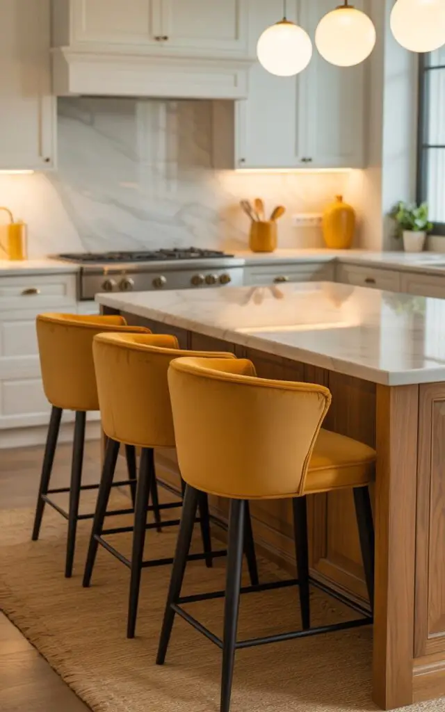 A photograph of a pristine yellow kitchen centered on a set of plush marigold bar stools nestled beneath a warm wooden island. The bar stools, upholstered in soft velvet, are perfectly aligned and angled towards the marble countertop of the island, showcasing its subtle grey veining. Behind the island, sleek white cabinetry extends towards a gas stove seamlessly integrated into the counter, accented by a matching marigold utensil holder, all bathed in the soft glow of modern pendant lights. The scene exudes a feeling of meticulous order and curated style with a mustard-toned kitchen rug completing the harmonious composition.