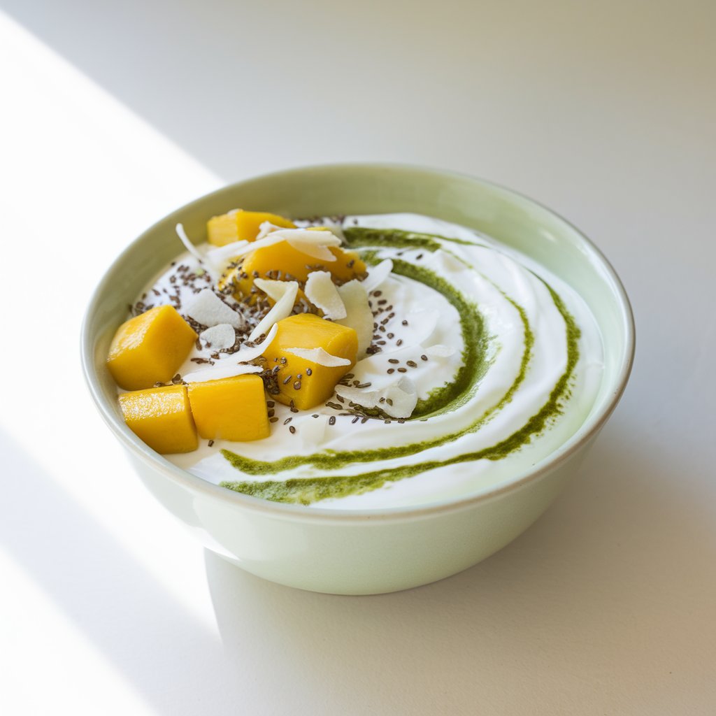 A yogurt bowl in a pale green ceramic bowl. The thick white yogurt is mixed with vibrant green matcha powder, creating a marble green yogurt. The bowl is topped with golden mango cubes, white chia seeds, and lightly toasted coconut flakes. The yogurt has subtle green marbling. The yogurt bowl is placed on a bright plain white kitchen countertop. Soft natural light enhances the contrast between the mango's warmth and the cool tones of the matcha.