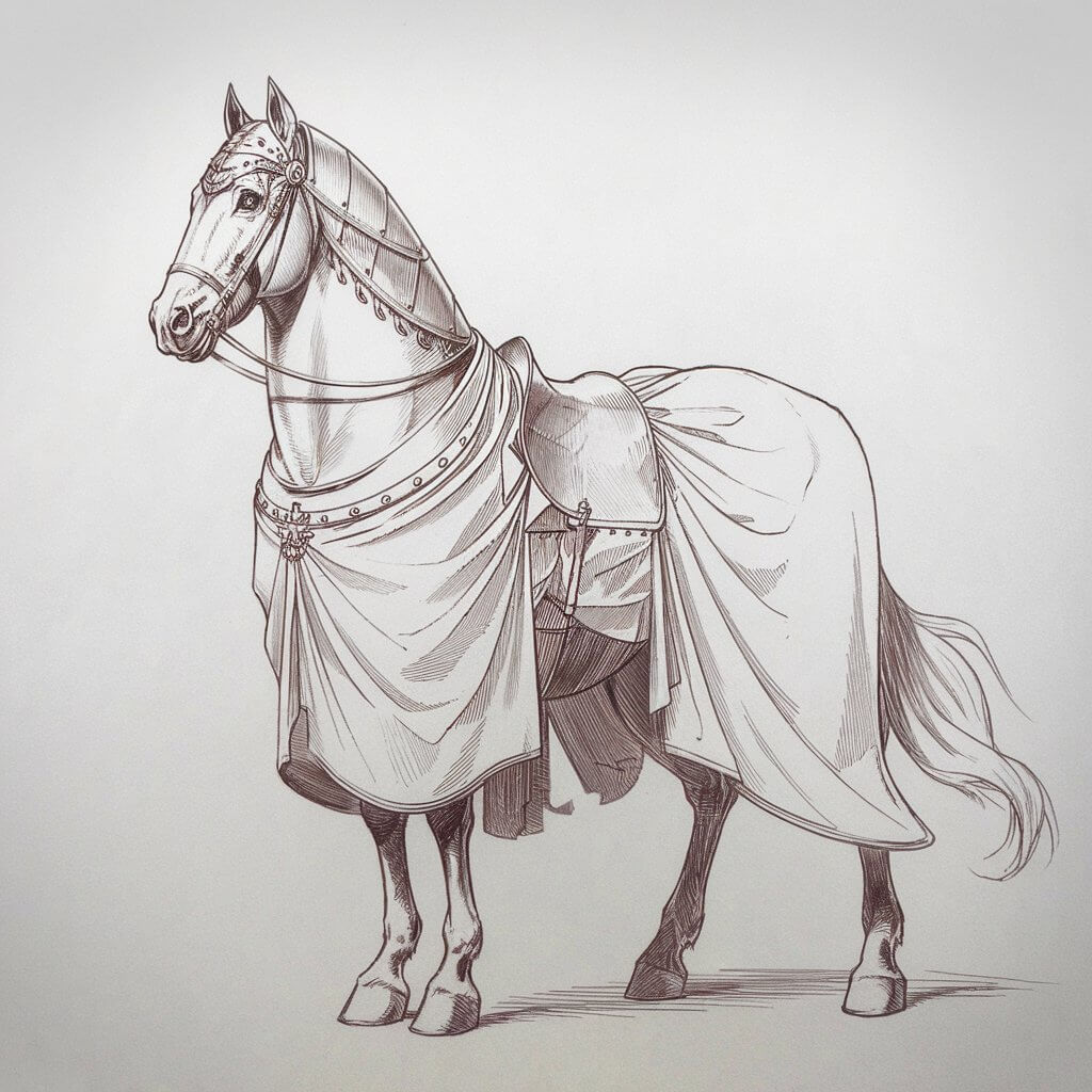 A pencil drawing of a noble horse equipped for battle. The horse has a flowing caparison and a decorative metal headpiece. The horse is standing tall on a plain white background. The drawing has a simplistic style and is drawn with smooth, draped lines. The horse's eyes are sharp and forward-facing, suggesting discipline. The armor has minimal details but structured lines across the chest and neck. The tail flows beneath the cloth, and light shading under the hooves anchors the steed firmly against the plain white background.
