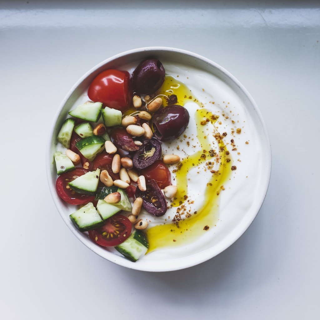A photo of a yogurt bowl on a white countertop. The bowl contains thick plain Greek yogurt, topped with chopped cucumbers, halved cherry tomatoes, Kalamata olives, toasted pine nuts, and a bold drizzle of golden olive oil. A dash of za’atar is sprinkled across the top. The yogurt bowl is placed on a bright plain white kitchen countertop, illuminated with diffused natural light that highlights the sheen of the oil and the color variety in the toppings.