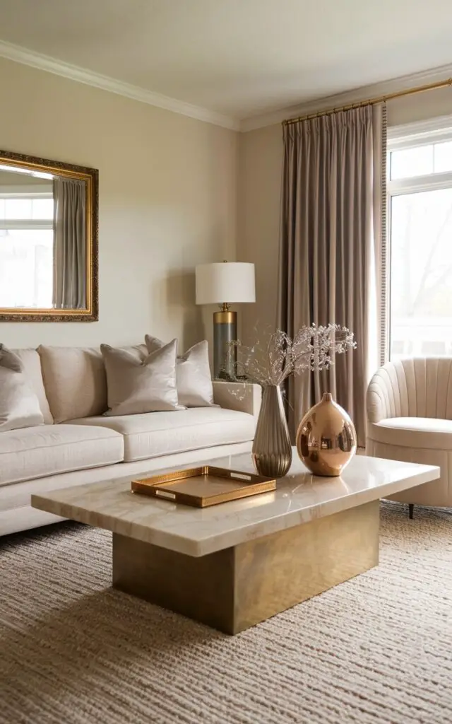A beige living room with understated glam, highlighted by subtle metallic touches. A very cozy sofa upholstered in brushed beige cotton sits beneath a statement gold-framed mirror. The coffee table, made of marble and brass, reflects warm tones from the beige surroundings. Shimmering bronze vases and a metallic tray on the table add sparkle, while brushed gold curtain rods hold flowing taupe curtains. The rug beneath is a low-pile blend of beige and silver threads that subtly shine when the light hits. It's a serene space that whispers elegance through every curated detail.