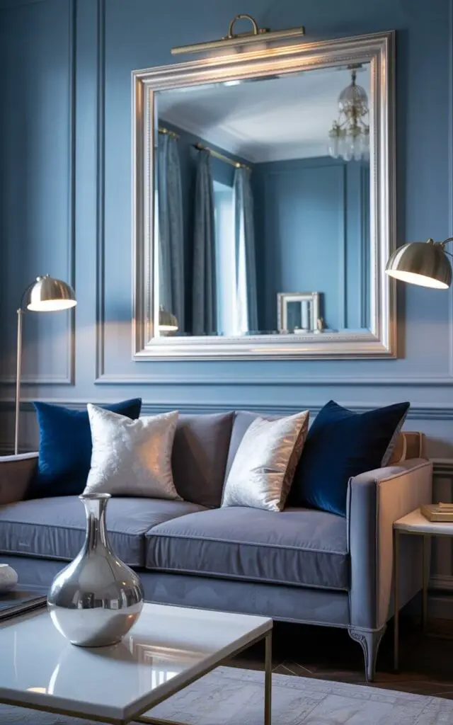 A photograph of a chic living room bathed in soft, diffused light, centered around a plush graphite grey sofa. The sofa sits beneath a large wall mirror with a delicate silver frame, elegantly reflecting the room’s cool blue and grey palette, with a gleaming silver vase sitting on the coffee table in front. Brass and chrome accents adorn a sleek floor lamp, side tables, and picture frames, while navy blue velvet cushions add a touch of luxe comfort, creating a polished yet inviting atmosphere reminiscent of a jewel box. Subtle textures of the velvet cushions and the metallic finishes dance in the light, enhancing the room's overall sophistication.