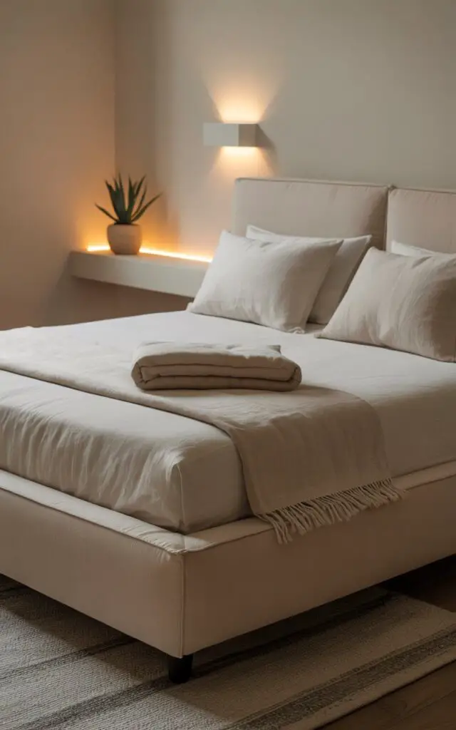 A photograph of a meticulously designed beige bedroom showcasing minimalist elegance. The central focus is a plush, upholstered bed neatly dressed with crisp beige linen sheets, a single folded linen throw blanket, and two symmetrical pillows arranged precisely. Subtle, warm light emanates from a pair of sleek wall sconces and illuminates a floating shelf displaying a single, potted succulent, while a soft area rug anchors the space. The overall effect creates a peaceful, airy quality, highlighting the intentionality of the neutral palette and clean lines.