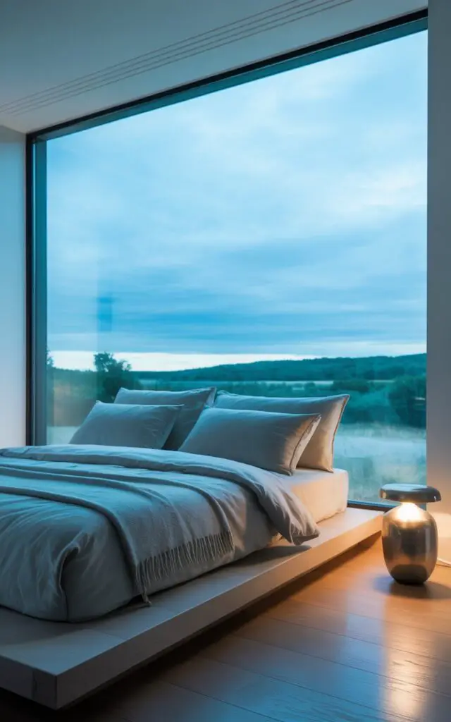 A photograph of a modern bedroom bathed in soft, diffused light, centered around a nearly frameless window offering an expansive view of a clear blue sky and rolling green hills. A low-platform bed with silky gray bedding, a thin dove-gray wool blanket, and symmetrically arranged Euro pillows floats gently near the window, inviting a sense of calm and relaxation. The minimalist decor is punctuated by a single, sculptural floor lamp with a brushed metal finish, casting a warm glow on the pale hardwood floor, while the window’s clean lines seamlessly blend the interior with the distant landscape. The overall impression is one of tranquil luxury and effortless style, emphasizing the purity of design and the seamless connection with nature.