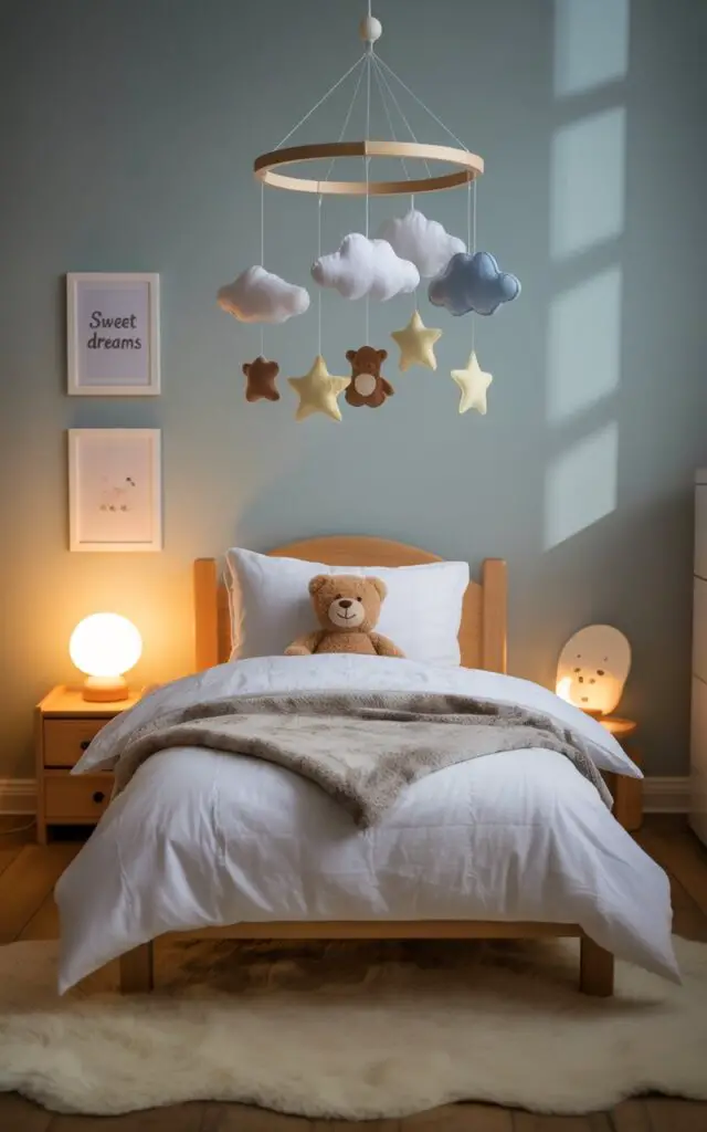 A photograph of a cozy toddler bedroom centered around a small, inviting bed. The bed is dressed in soft, white linens, a plush grey duvet, and a single teddy bear pillow, positioned beneath a whimsical mobile featuring felt clouds, stars, and woodland creatures gently spinning from the ceiling. Soft, ambient lighting spills from a small, vintage-style lamp on a nearby wooden nightstand, highlighting the pale sky-blue walls adorned with framed prints of "sweet dreams". A thick, cream-colored rug covers the floor, creating a warm and playful atmosphere perfect for a toddler’s imagination.