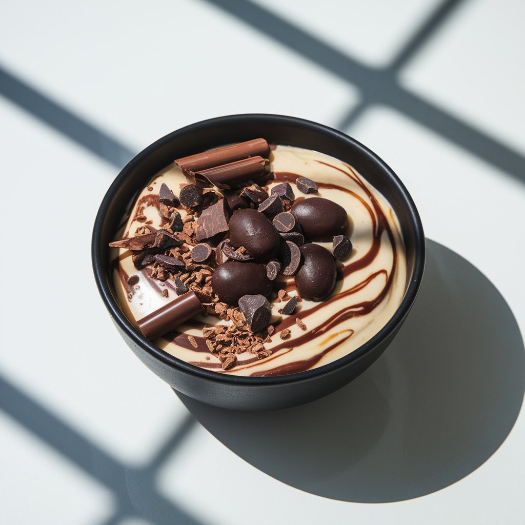 A yogurt bowl styled in a matte black bowl for contrast, filled with a mixed espresso-infused yogurt. The yogurt is topped with crushed chocolate-covered espresso beans, thin chocolate shavings, and a sprinkle of cocoa nibs. The surface of the yogurt has a marbled mocha appearance. The bowl is placed on a bright plain white kitchen countertop, with strong natural light casting defined shadows that emphasize the dark, rich textures and chocolatey elements.