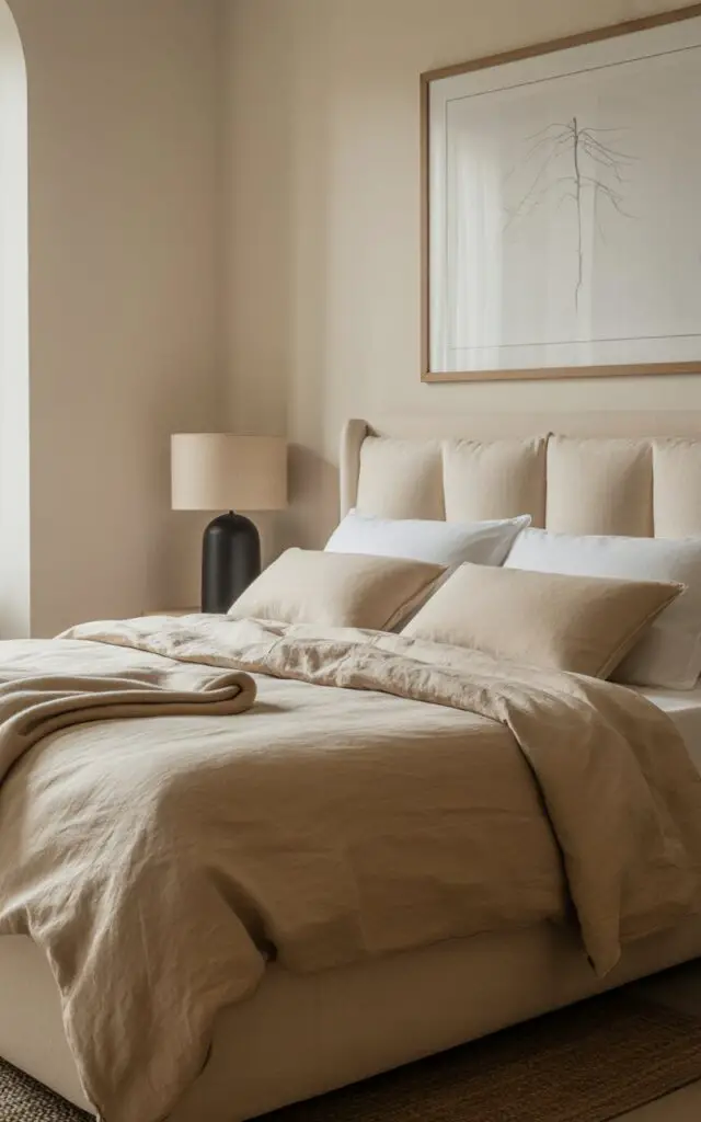 A photograph of a serene beige bedroom centered around a luxuriously made bed. The bed is dressed in flax-colored linen with a structured headboard, showcasing subtle tonal variations in beige and cream, and a single, folded throw blanket rests at the foot. A large framed line drawing depicting a lone tree branch hangs above the bed, while a sleek black lamp with a linen shade sits on a minimalist bedside table. Soft, natural light streams in from a nearby window, illuminating the room and highlighting the quiet elegance of the space.