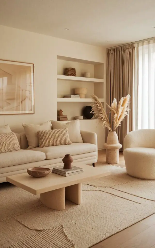 A beige living room styled entirely in monochrome tones, where every shade is a variation of beige and tan. The very cozy sofa takes center stage, with boucle-textured throw pillows in matching tones. A sculptural beige armchair and minimalist coffee table keep the palette tight but never boring. Layered area rugs in contrasting beige weaves add depth, and a travertine vase holds dried pampas grass. Even the curtains, art, and shelving stay within the monochrome range. The harmony of tones makes this space feel balanced, tranquil, and visually captivating in its restraint.