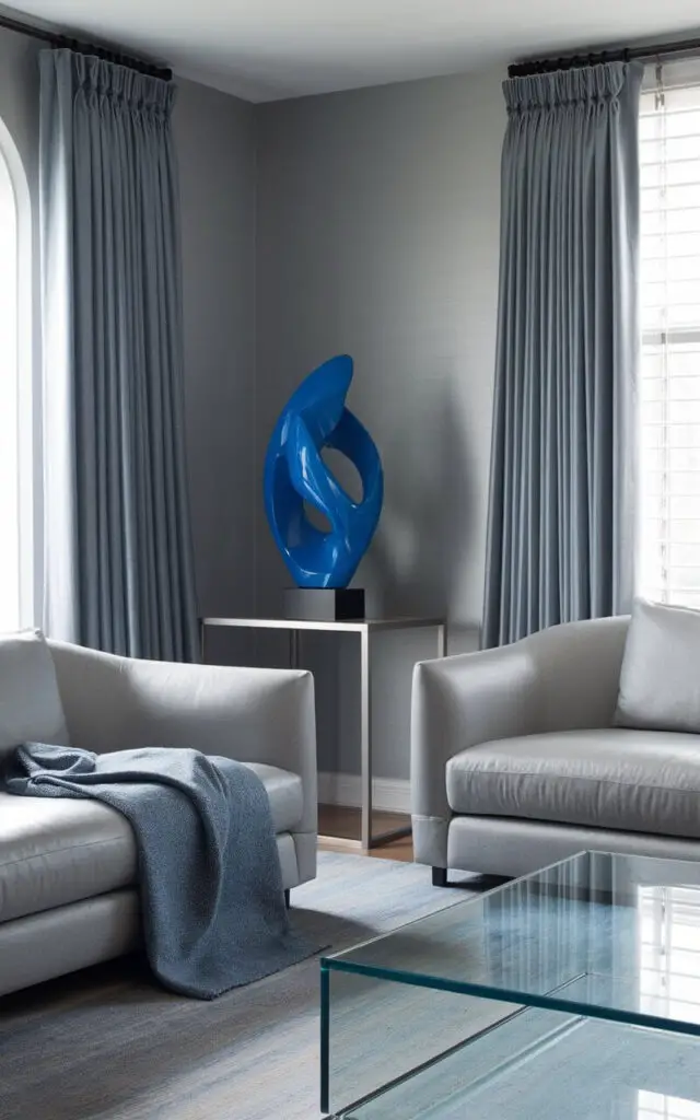 A photo of a sleek and sophisticated blue and grey living room with a tight monochrome palette. There is a cobalt blue sculpture on a minimalist side table. The room has a cozy sofa in classic light grey, matching walls, and a rug. The curtains and throw blankets have subtle tonal variations. A clear glass coffee table is placed nearby, keeping the space open and airy. The unexpected splash of bright blue brings modern flair to the muted palette.