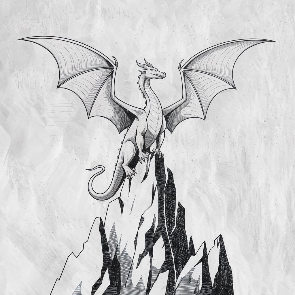 A minimalist, plain white background pencil drawing illustration of a dragon perched triumphantly on a jagged mountain peak. The dragon is drawn in a simplistic style, with angular wings spread wide to frame the scene. The rocky outcrop beneath it is shaded with light, broken lines to suggest height and texture. The dragon's body is streamlined, with a proud stance and a bold, upward-turned snout. Fine pencil hatching along the wings adds subtle depth while keeping the image crisp and minimal.