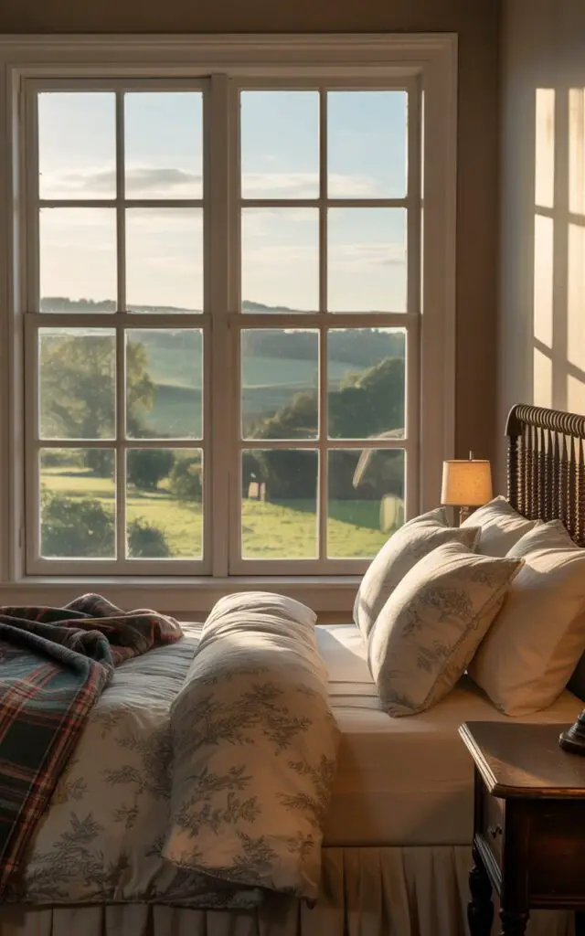 A photograph of a cozy bedroom bathed in soft morning light, centered around a large, six-pane window overlooking a tranquil countryside. The window, with its crisp white muntin detailing, frames a view of rolling green fields and distant trees, presenting a timeless picture window aesthetic. A plush bed with a tall spindle headboard and classic toile bedding sits directly in front of the window, adorned with quilted shams and a comforting plaid blanket, creating a welcoming haven. The scene is completed by a vintage wooden nightstand beside the bed holding a small lamp, casting a warm glow, with gentle shadows adding depth and character to the room.