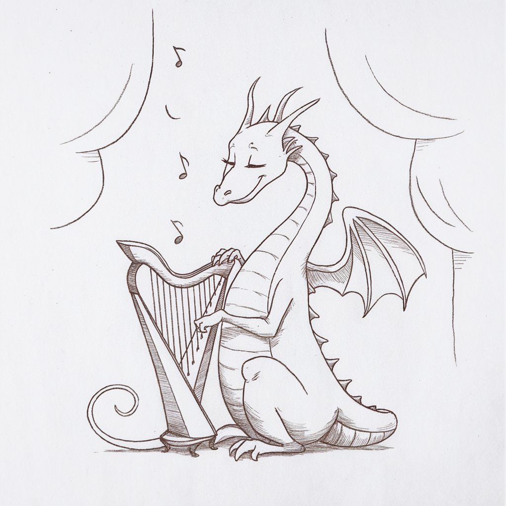A minimalist, plain white background pencil drawing illustration of a dragon seated beside a small harp, plucking the strings with one claw. Drawn in an expert style, the dragon's posture is relaxed and expressive, with closed eyes and a slight smile. Curved lines define the instrument's elegant frame, and faint, arcing strokes represent musical notes floating upward. The wings are loosely spread, like a curtain framing the scene, and the tail gently curls in rhythm. A whimsical, serene portrait brought to life with graceful pencil work.