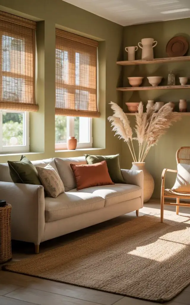 A photograph of a cozy living room bathed in soft, natural light, showcasing a plush flax-toned sofa as the central focus. The sofa is adorned with an assortment of green and terracotta pillows, inviting relaxation, while a large jute rug anchors the space and a woven rattan armchair rests nearby. Walls painted a soothing olive green are accented by reclaimed wood shelves displaying a curated collection of ceramic pieces and a tall floor vase filled with delicate dried pampas grass. Woven Roman shades gently filter the light, creating subtle shadows that highlight the room’s organic textures and overall sense of serene, slow living.