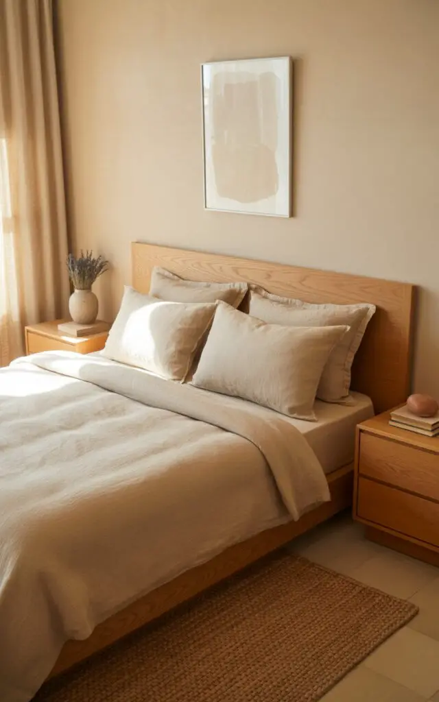 A photograph of a luxuriously made bed in a well-appointed beige bedroom. The bed is dressed in soft flax-colored linen, centered on a light oak platform frame with matching wooden nightstands on either side holding a small stack of books and a ceramic vase with dried lavender. A woven jute rug lies beneath the bed, complementing the natural wood accents and soft beige walls, while a single piece of abstract art in neutral tones hangs above the headboard. Warm sunlight streams through sheer linen curtains, creating a tranquil and inviting atmosphere.