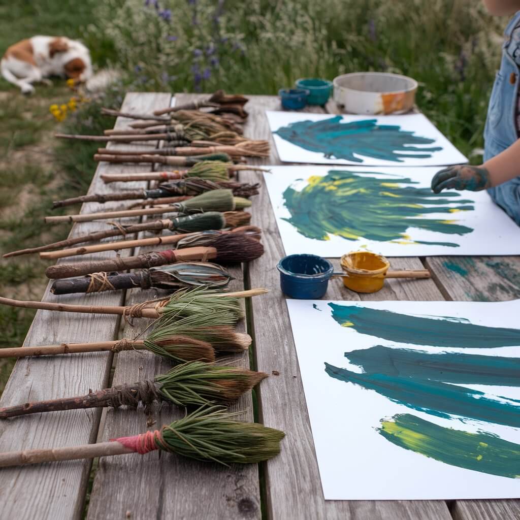 A photo of a wooden picnic table with a row of unique, earthy paintbrushes crafted from twigs, leaves, grass, and pine needles. The brushes are tied with rubber bands or twine to sturdy sticks. Nearby, large sheets of paper display bold brushstrokes, leaf-like patterns, and wild, abstract shapes in muddy greens, sunny yellows, and deep blues. Small paint pots, a water bowl, and a hand smeared with paint highlight the messiness of this simple homemade craft. A background of wildflowers, a child in overalls, and a dog napping in the grass complete the natural vibe.