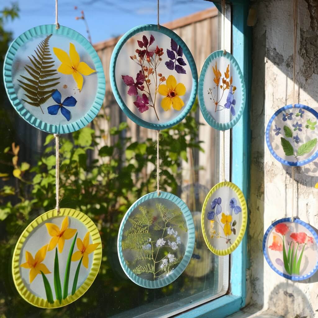 A photo of a sunny windowsill with several nature suncatchers hanging by string. The suncatchers are made from pressed summer flowers, ferns, and colorful leaves, arranged between two circles of contact paper. The frames are cut from paper plates, painted with watercolors in shades of sky blue and daffodil yellow. The suncatchers catch the light and cast shadows on a rustic white wall. The background contains greenery and a building.