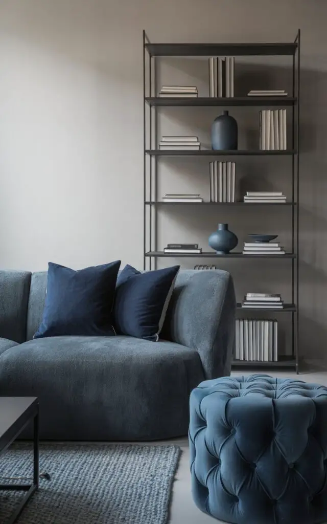 A photograph showcases a luxurious living room bathed in soft natural light, centered around a plush, oversized sofa upholstered in a deep charcoal grey fabric. The sofa is adorned with two navy velvet throw pillows and a matching tufted ottoman sits nearby, creating a striking contrast against the light grey walls. A sleek black coffee table sits before the sofa and a tall, minimalist shelving unit filled with monochrome books and steel blue ceramic decor anchors the space, while a woven blue-and-grey area rug subtly defines the seating area. The room evokes a sense of calm sophistication, with strategically placed navy accents elevating the design.