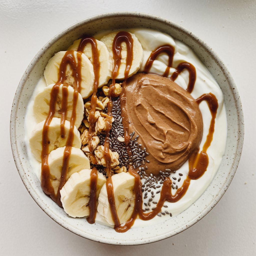 A yogurt bowl on a white kitchen countertop. The bowl contains creamy yogurt topped with thick banana slices, generous dollops of almond butter, a scattering of crushed granola, and a few chia seeds. The nut butters are drizzled artfully, with visible swirls along the edges.