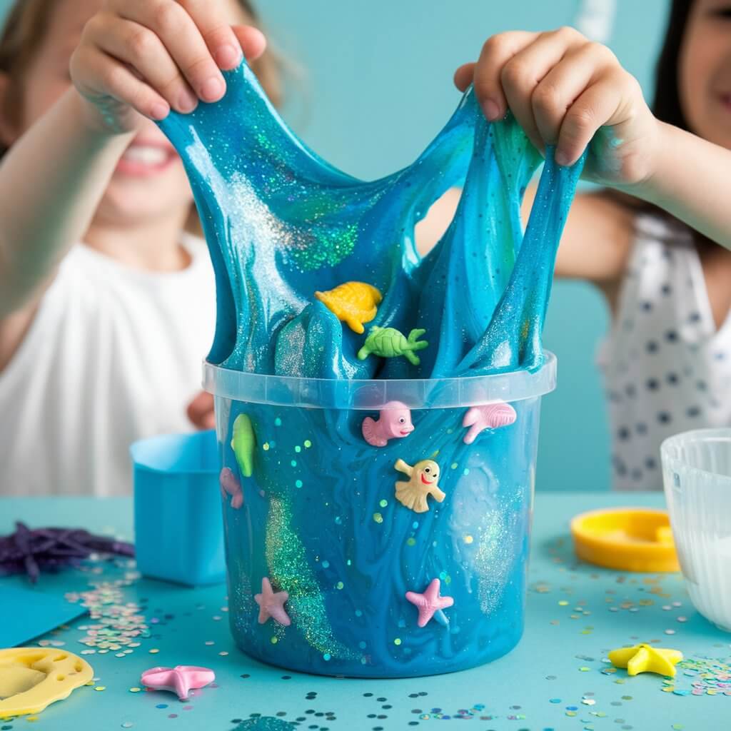 A vibrant image of a transparent plastic container filled with shimmering, gooey simple homemade craft slime inspired by the summer sea. The slime is tinted ocean-blue with swirls of silver glitter and iridescent confetti. Tiny plastic sea creatures—clownfish, starfish, and sea turtles—are embedded inside, peeking out through the slime’s wavy folds. In the background, two children’s hands are stretching and poking the slime, visibly delighted by the texture. On the table, ingredients like glue, baking soda, food coloring, and a measuring cup are scattered around, hinting at the hands-on fun involved. The overall look is messy, colorful, and oh-so-satisfying—a sensory-rich, educational simple homemade craft that captures the sparkle and mystery of the summer ocean.