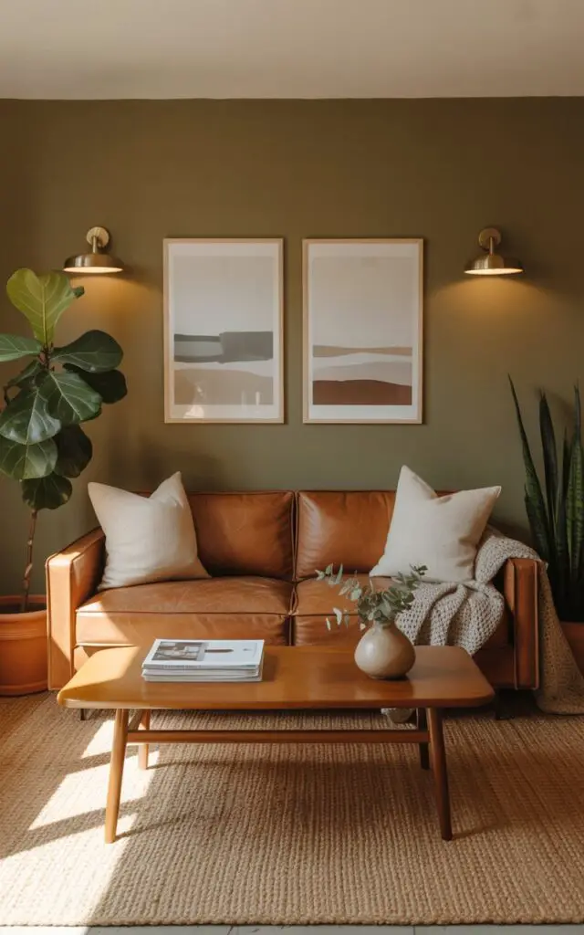 A photograph of a cozy living room bathed in the gentle glow of natural sunlight. A plush caramel brown suede sofa sits centered against olive green walls, adorned with two soft, cream-colored linen pillows and a knitted throw blanket. A natural jute rug lies beneath a mid-century wood coffee table displaying a stack of design magazines and a small ceramic vase holding a few sprigs of eucalyptus, while a large, leafy fiddle-leaf fig stands tall in a terracotta pot in the corner. Wall sconces with brushed brass detailing illuminate two minimalist framed art prints depicting abstract landscapes, creating a peaceful and balanced atmosphere.