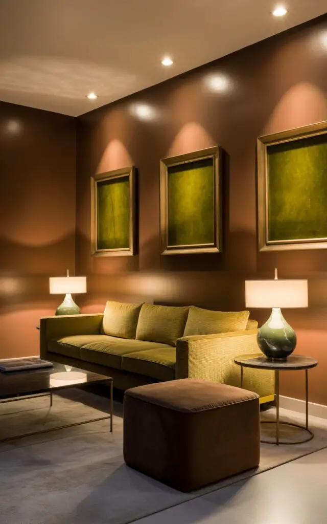 A photograph of an upscale living room designed with a sophisticated, warm, and deeply comforting aesthetic. A plush olive green sofa sits centrally, showcasing its textured fabric and is complemented by two brass-accented side tables each holding an olive green marble lamp that softly illuminates the space. The brown suede ottoman sits before a sleek brass-legged coffee table reflecting the subtle shimmer of the brown walls under recessed lighting, while olive green art pieces in metallic brass frames adorn the walls adding refinement to the cozy ambiance. Warm, diffused lighting creates a welcoming atmosphere throughout the room.
