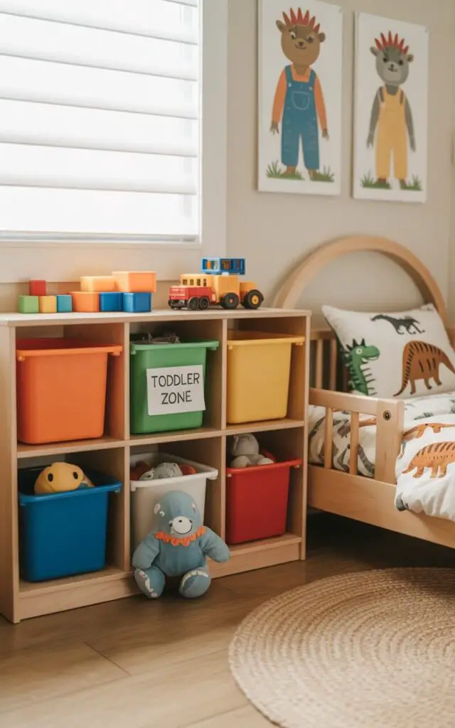 A photograph of a bright and airy toddler boy's bedroom, focusing on a neatly organized open storage system. The system consists of colorful bins and low-set cubbies filled with blocks, toy trucks, and plush animals, with a prominent "TODDLER ZONE" label on one of the bins. A cozy toddler bed with a simple wooden frame and dinosaur-themed bedding sits nearby, bathed in soft morning light filtering through a window. Playful wall art depicting animals in overalls and a circular rug complete the space, creating a welcoming and playful atmosphere.